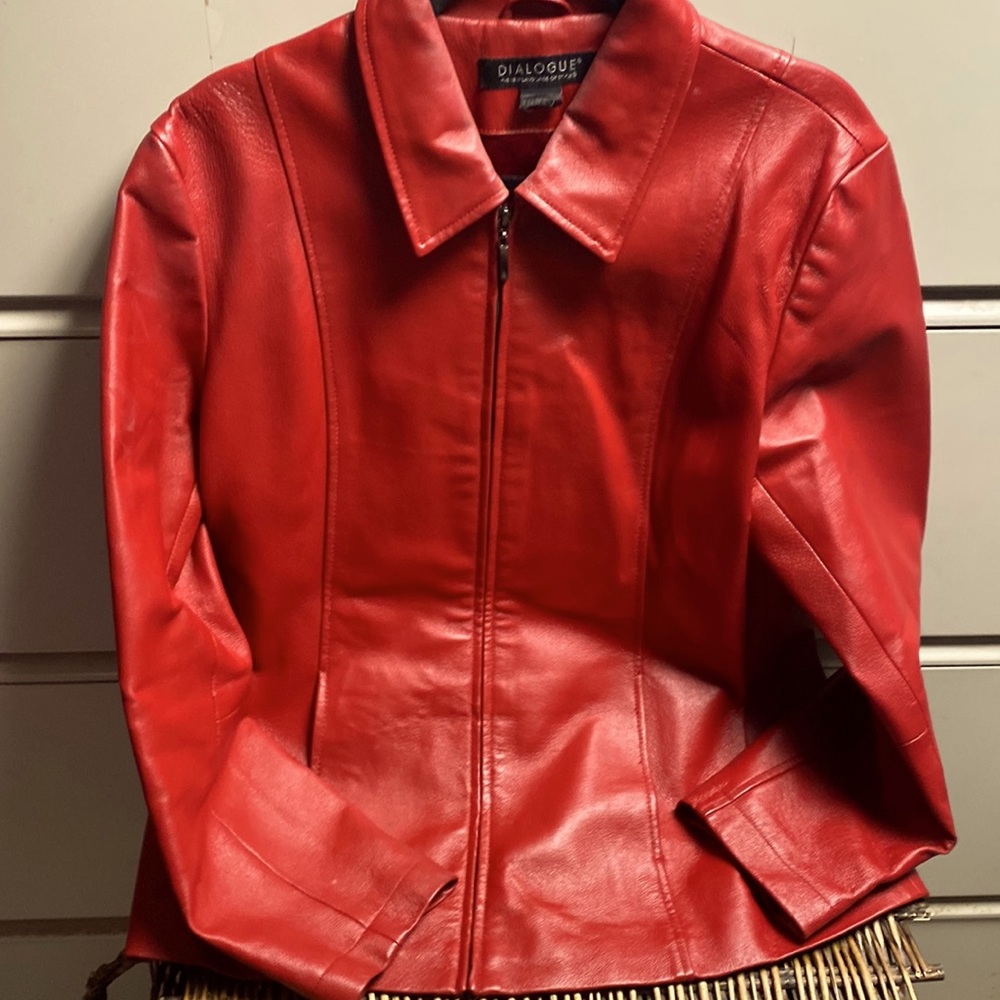 Dialogue Red 100% Leather Jacket Point Collar Zip Lined
